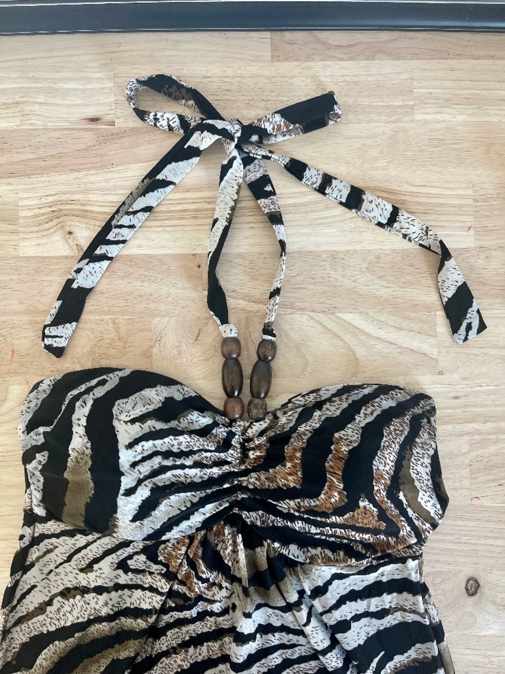 Vintage Y2K Animal Print Beaded Tie Top Halter Dress Medium